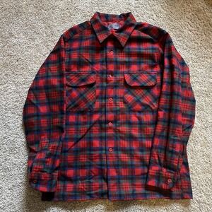 VTG 70s Pendleton Board Shirt Red Plaid Wool Flannel‎ Men's M USA Loop Collar